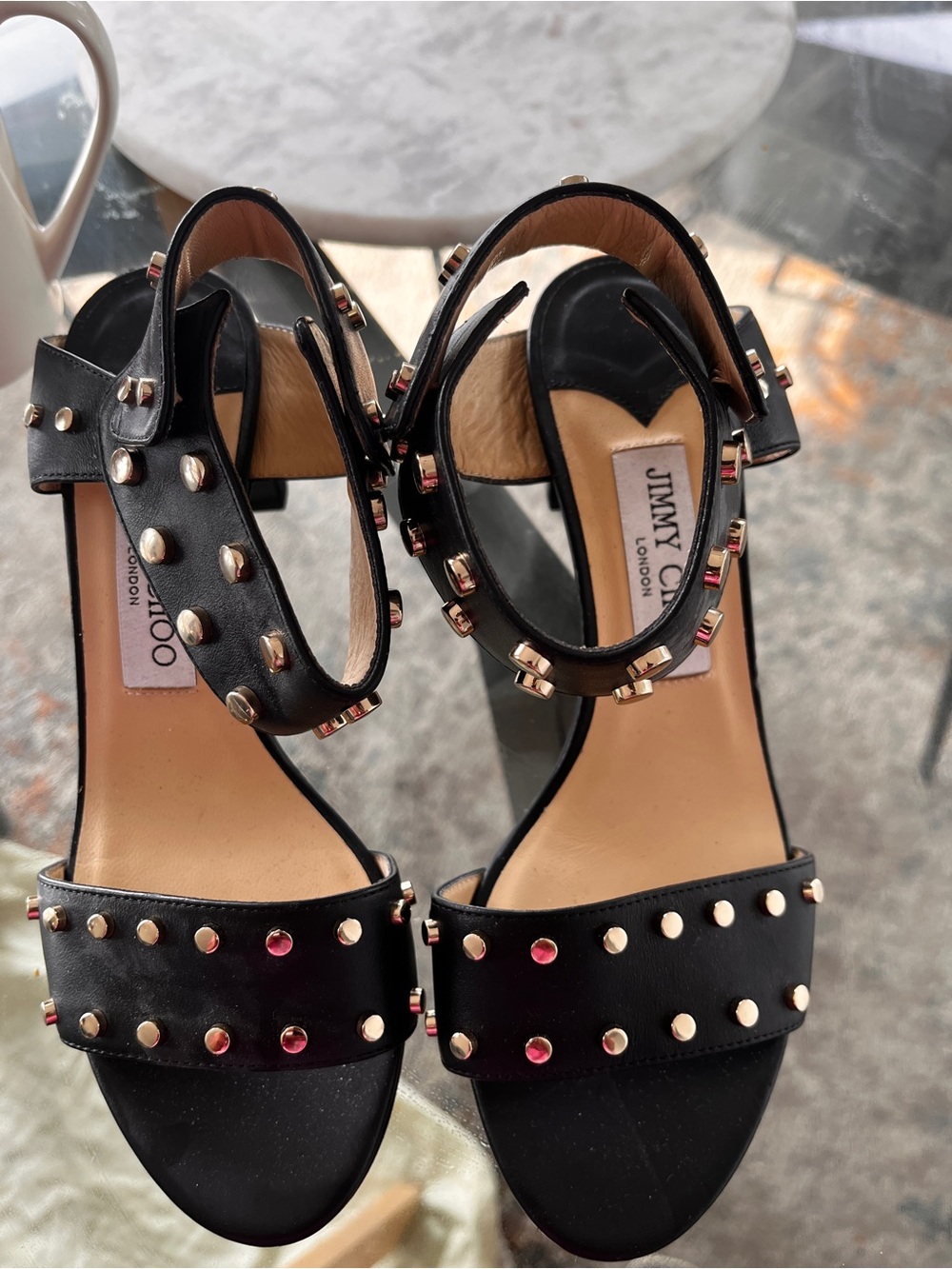 Jimmy Choo Black Leather Studded Ankle-Strap Heels